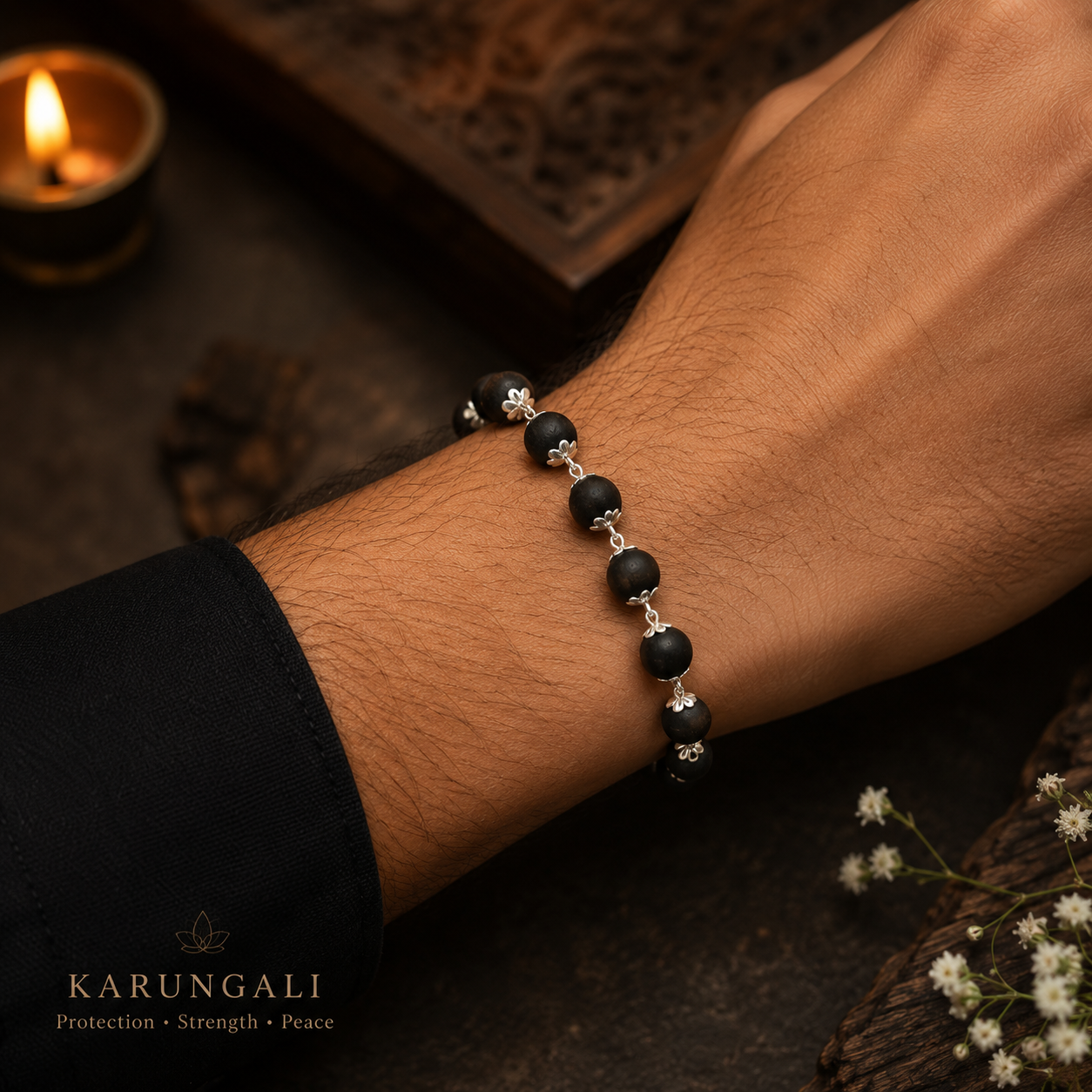 Silver Plated Karungali Mala & Bracelet Set