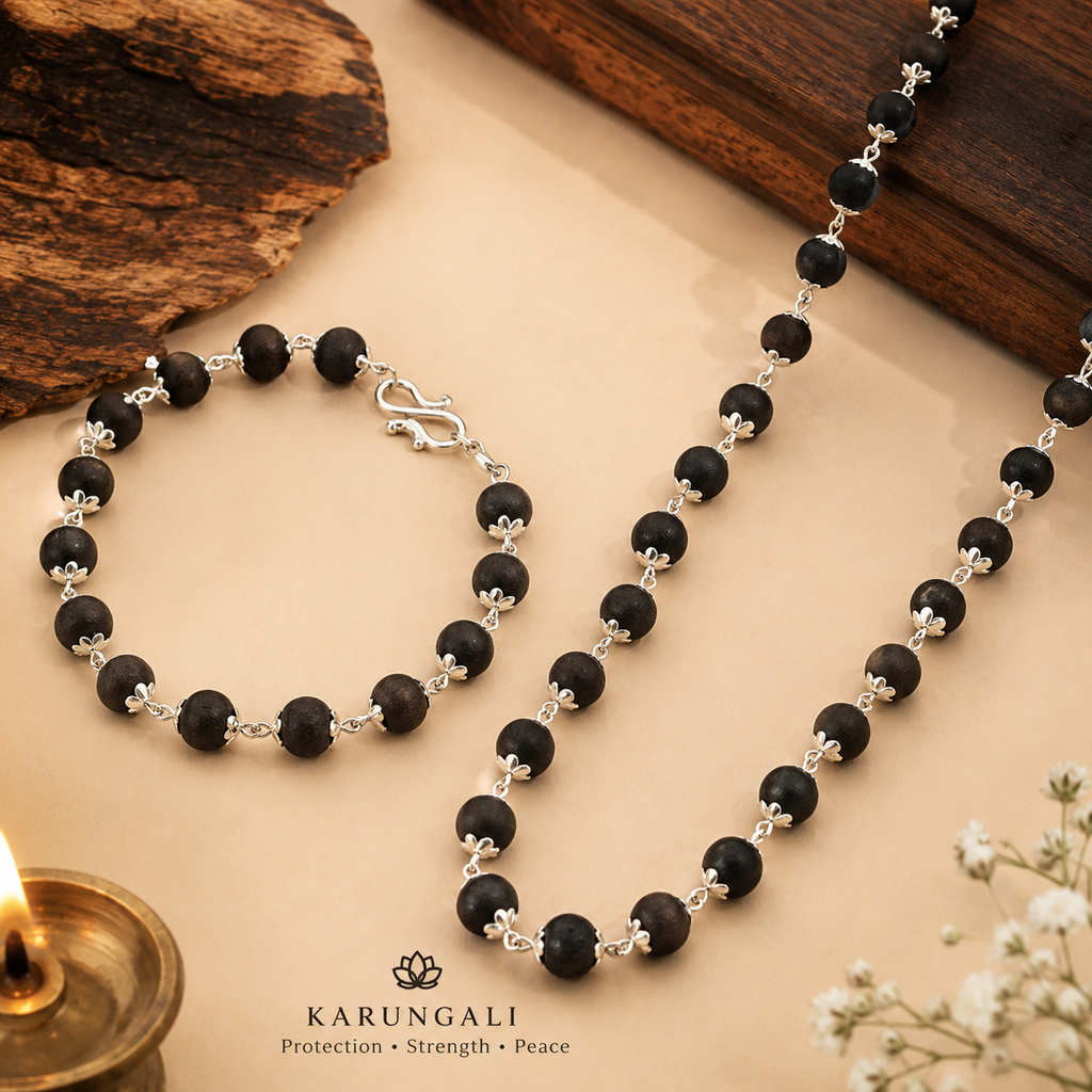 Silver Plated Karungali Mala & Bracelet Set