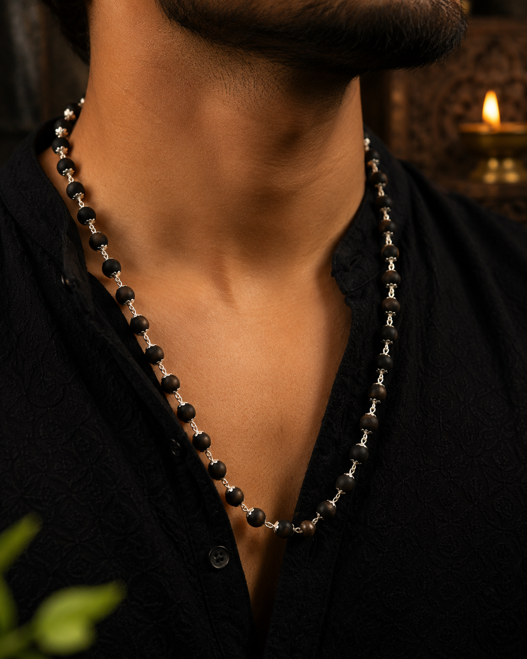 Silver Plated Karungali Mala & Bracelet Set
